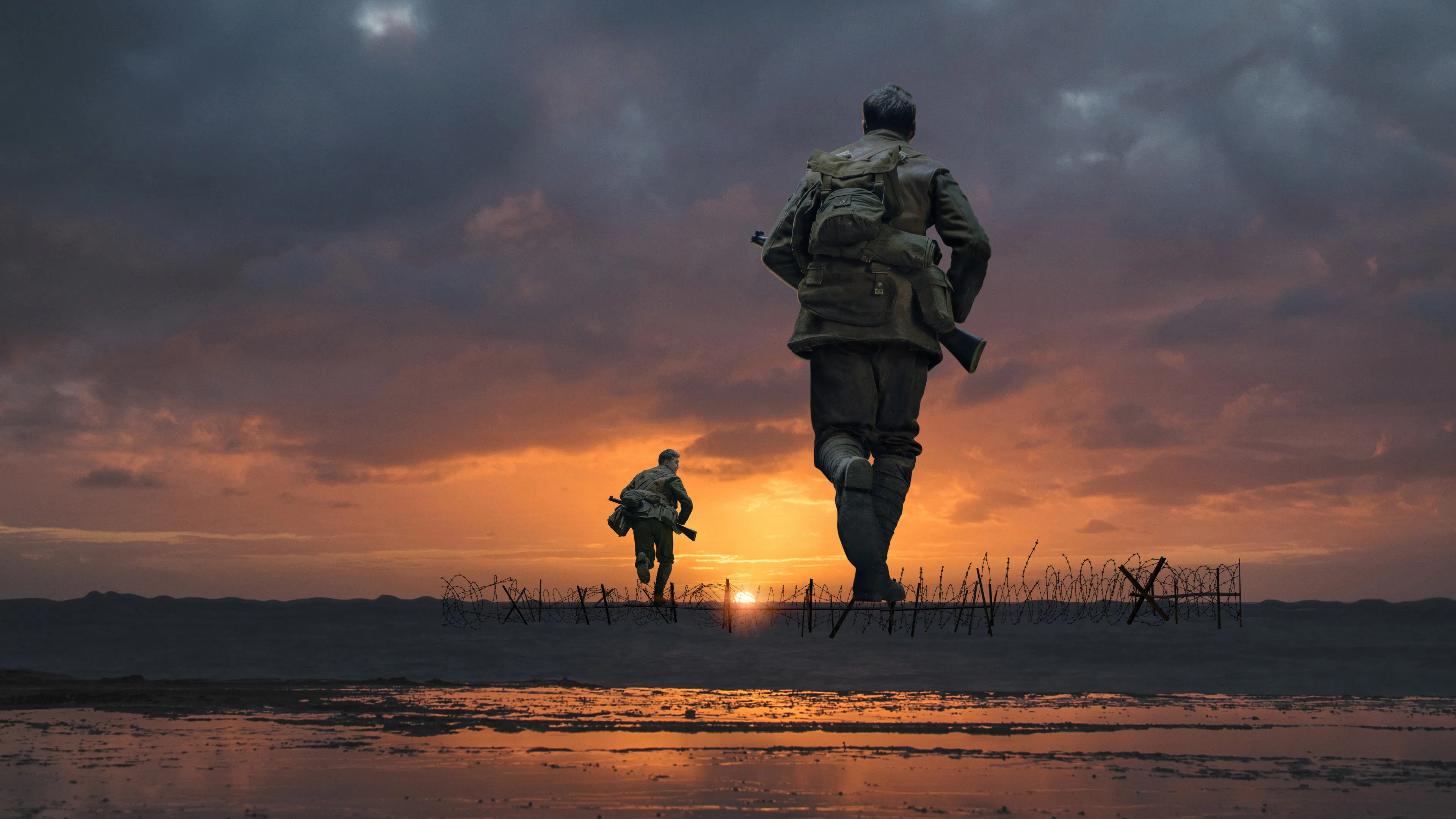 A soldier crossing a trench battlefield in 1917 (2019)