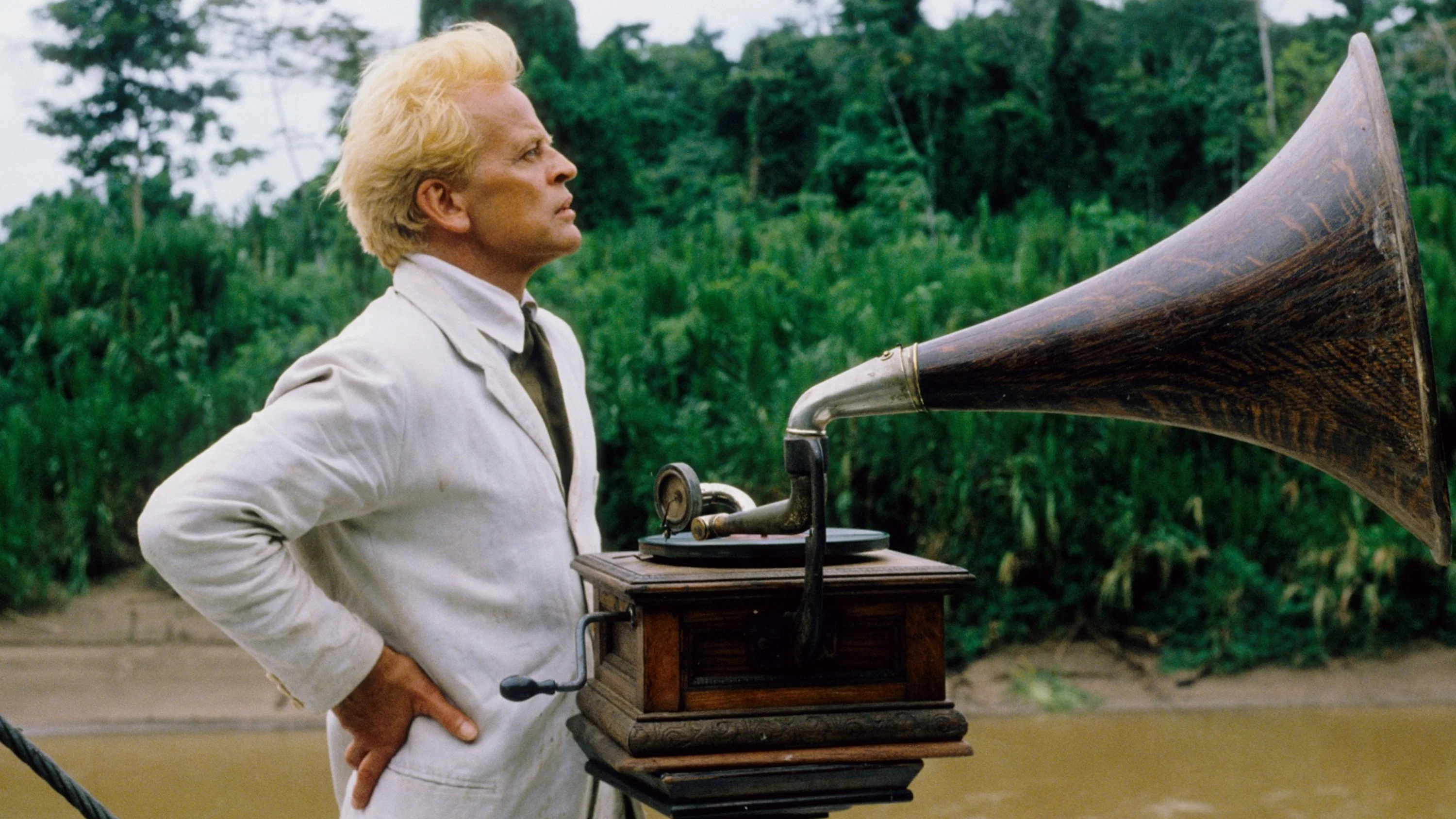 A steamship hauled over a hillside in Fitzcarraldo (1982)