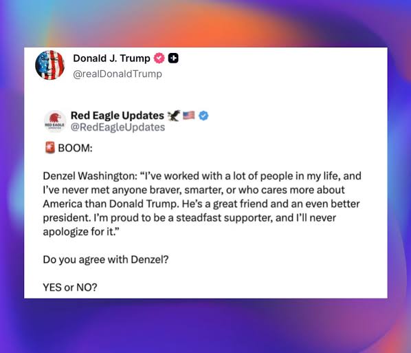 Denzel Washington's Rep Says Quote Praising Trump Shared on Truth Social Is Fake